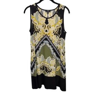 MSK Petite Dress Medium Sleeveless Black Olive‎ Green Yellow Print